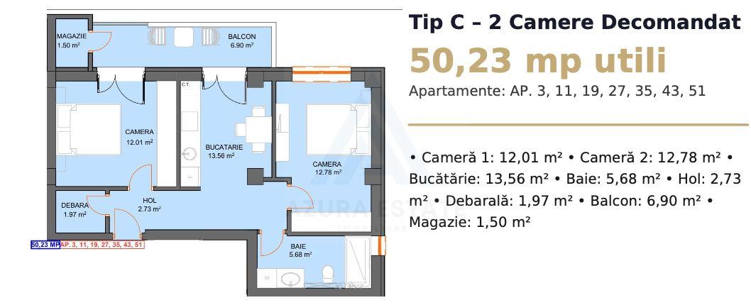 Apartament 50.23 mp utili etaj 1 balcon 8.4mp si parcare pe Dna Stanca - 10