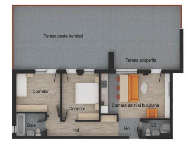 Apartament 3 camere, 2 bai, 64 mp utili, terasa 74 mp, garaj, boxa - 2