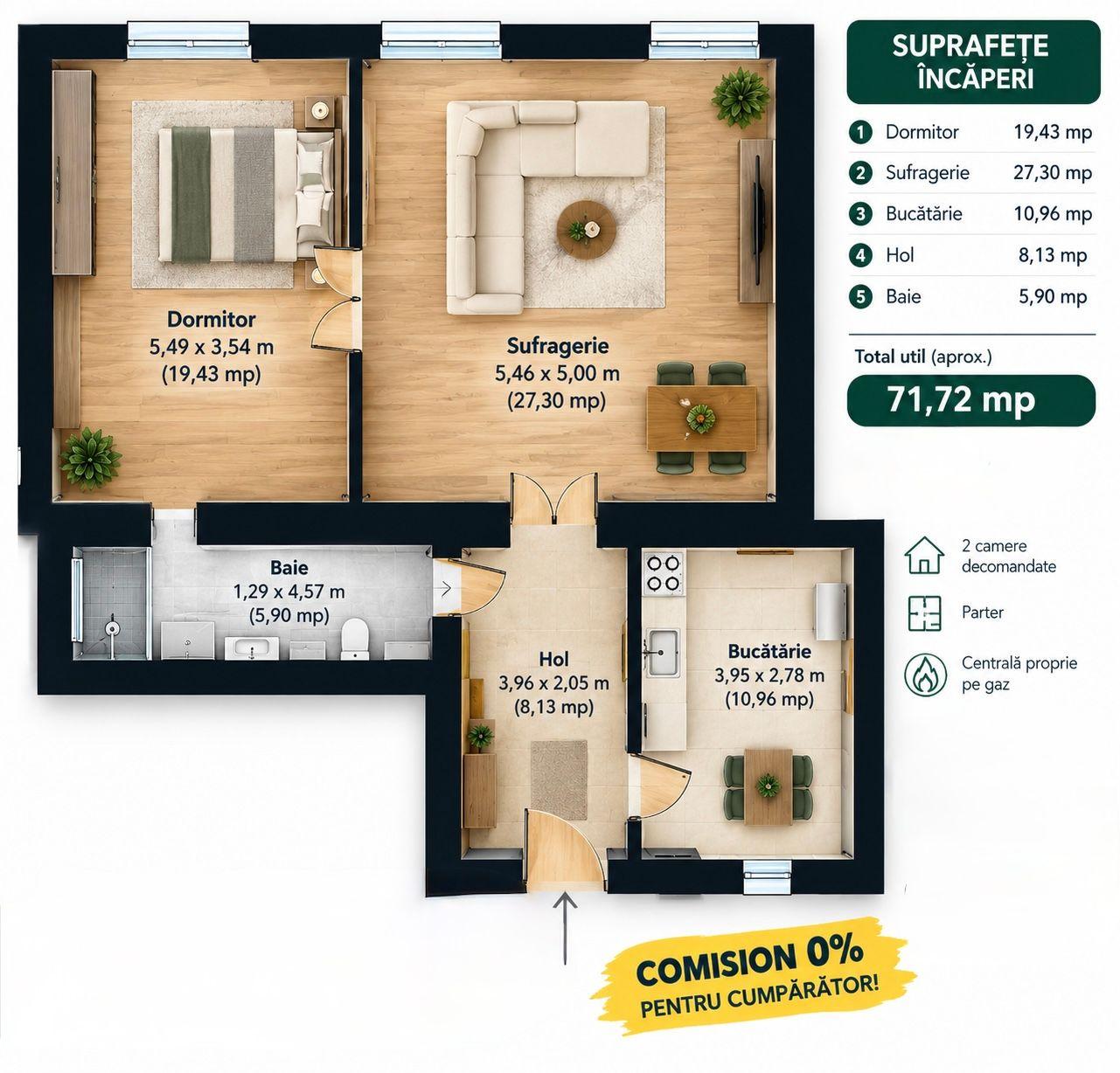 Apartament cu 2 camere la parter in Piata Catedralei Comision 0 - 2
