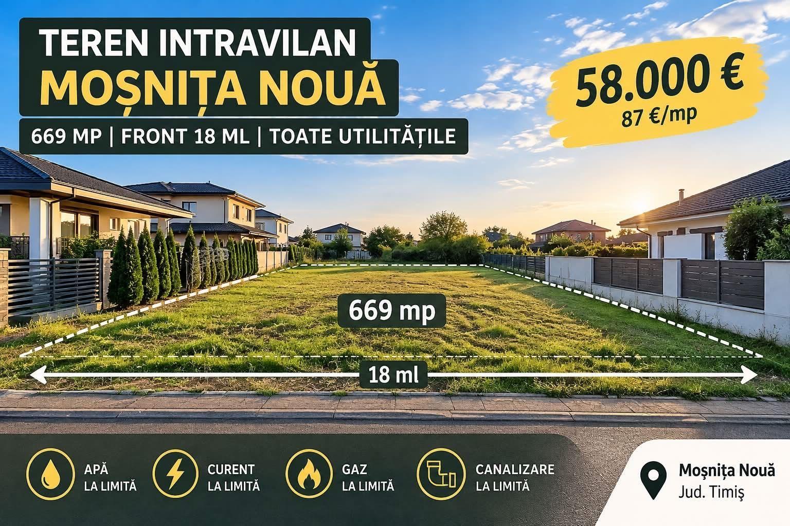 Teren intravilan 669 mp | Front 18 m | Moșnița Nouă | 58.000 € - 1